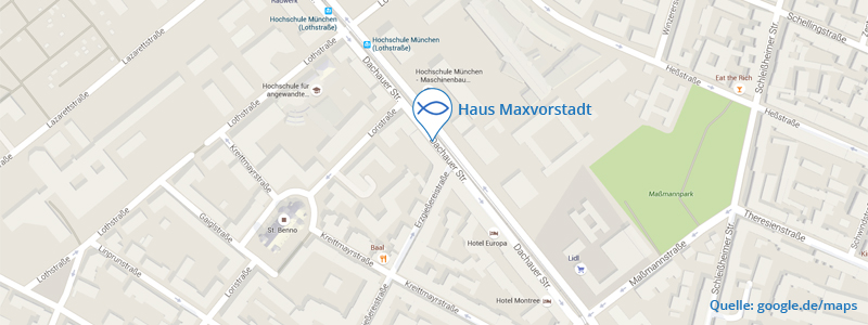 Karte mit Marker bei Haus Maxvorstadt, Dachauer Str. 143, 80335 München, Quelle: google.de/maps